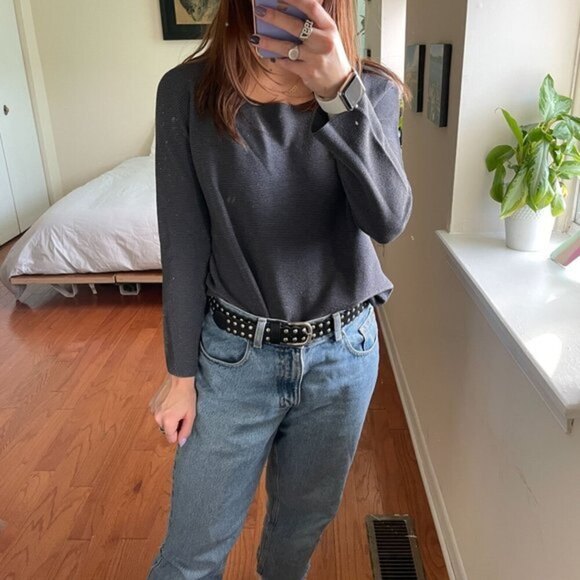 D. Exterior Metallic Boat Neck Long Sleeve T-Shirt Silver Size Large - Picture 3 of 7